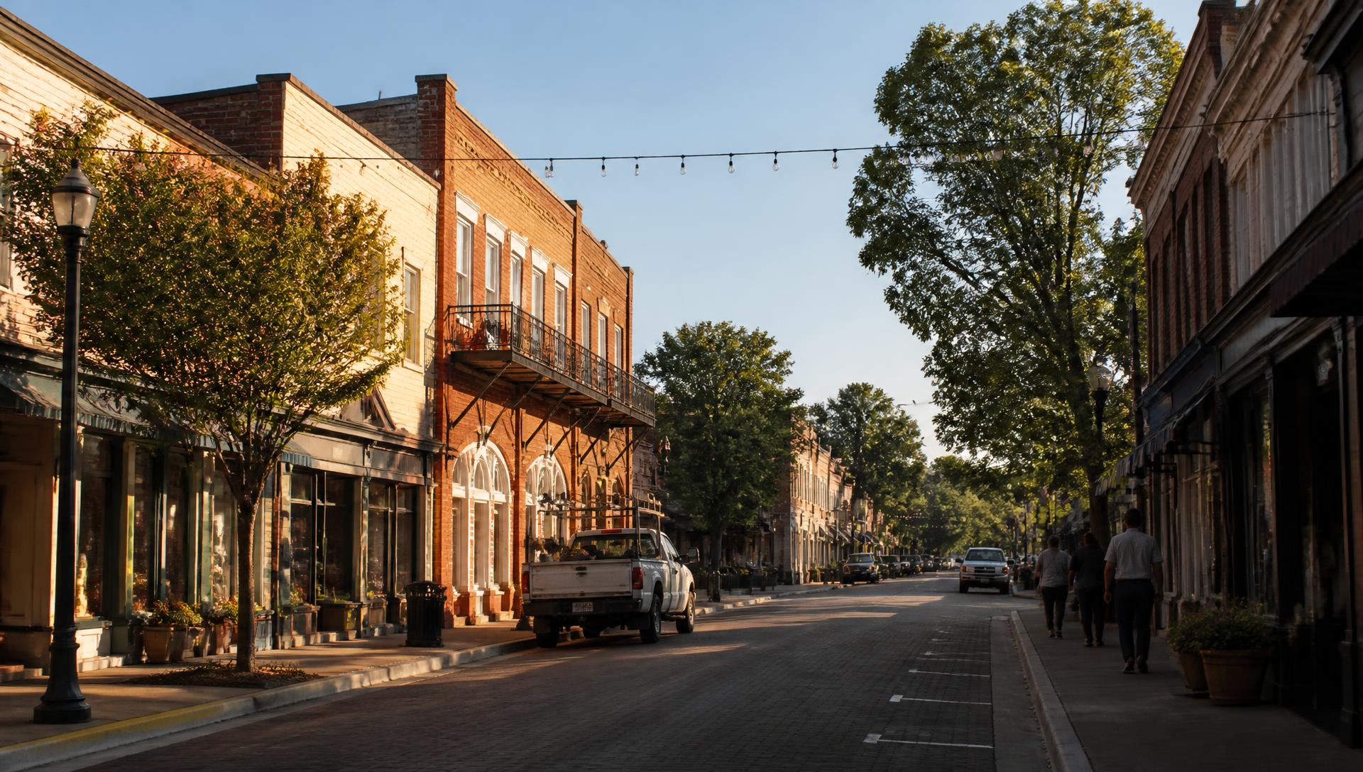 Main street in a small Georgia downtown at golden hour